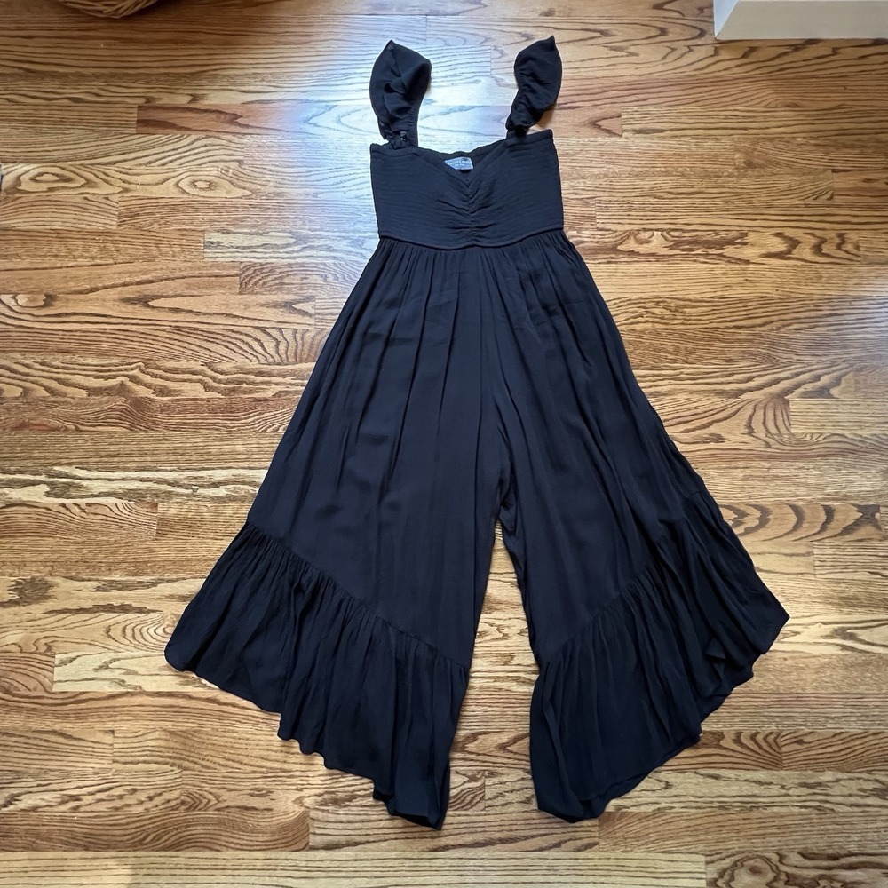 Sweet Lovely By Jen Black Midi Jumpsuit, Smocked Bodice & Ruffle Hem.‎ Sz S